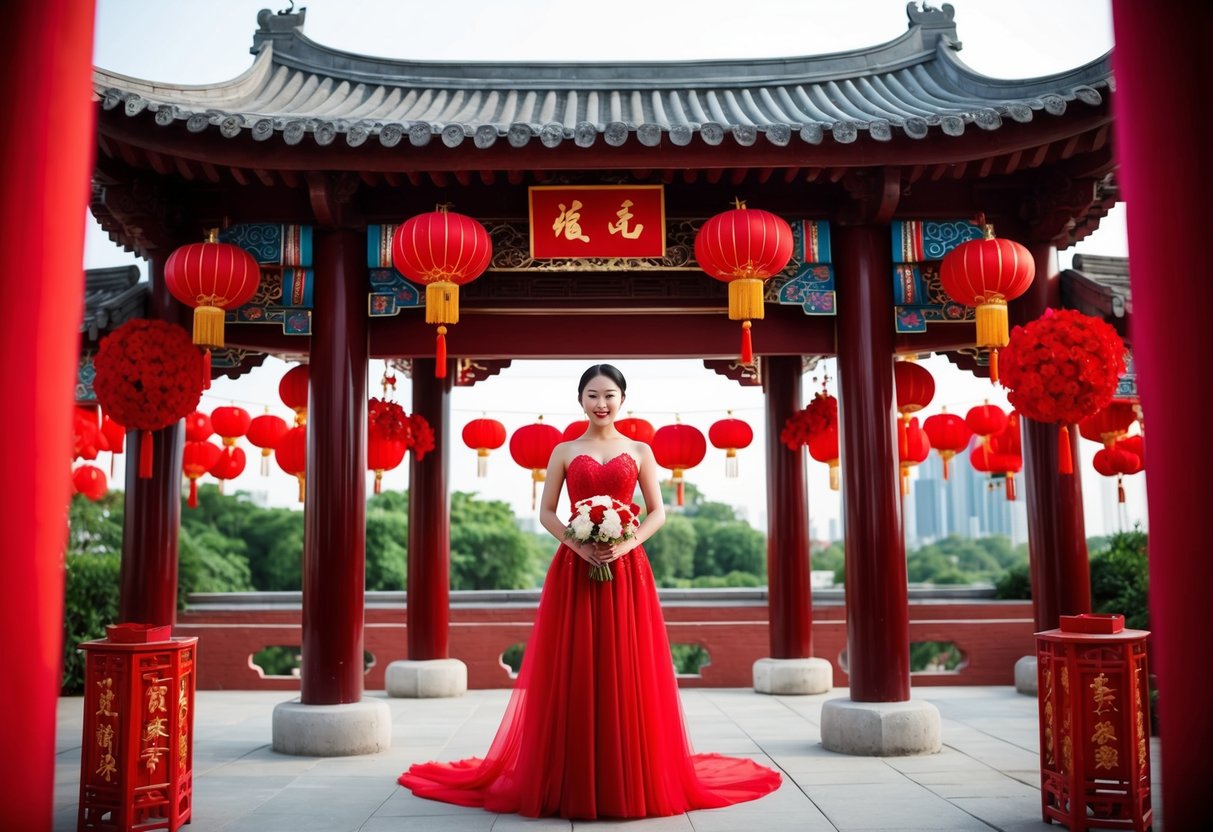 A bride in a red gown stands beneath a traditional Chinese arch, surrounded by vibrant red decorations and symbolic elements