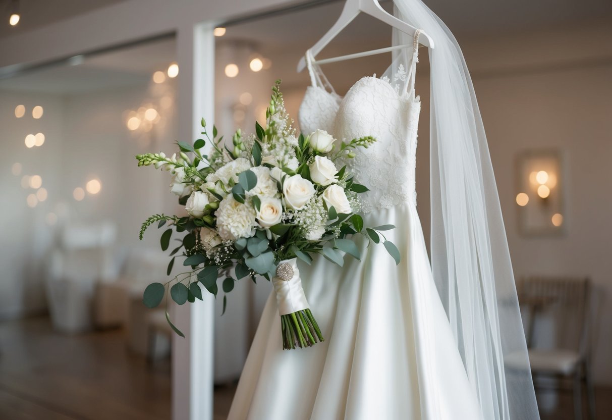 A bride's bouquet, veil, and wedding dress on a hanger
