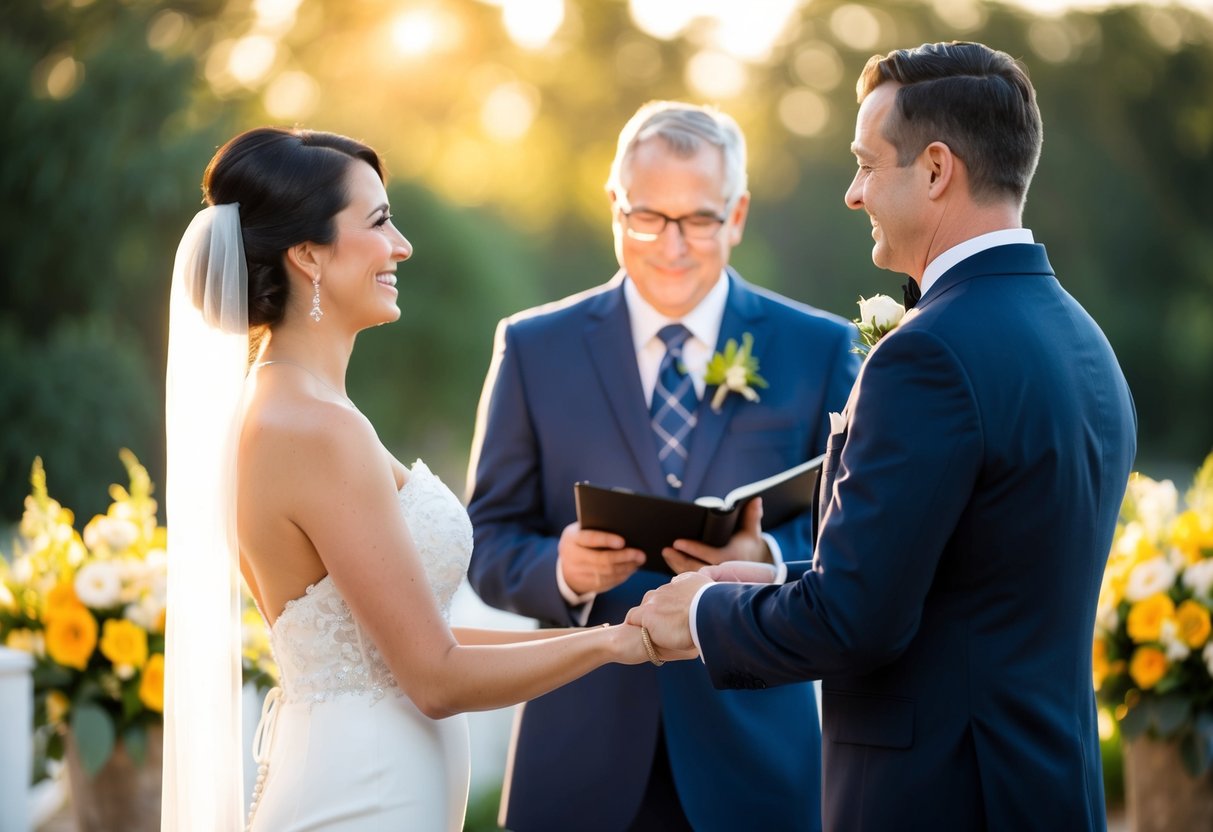 An officiant stands before a couple at a vow renewal, speaking with warmth and sincerity as they reaffirm their commitment to each other