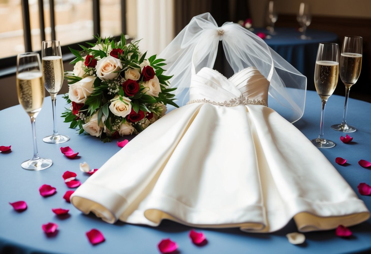 A bride's dress, veil, and bouquet laid out on a table, surrounded by champagne glasses and scattered rose petals