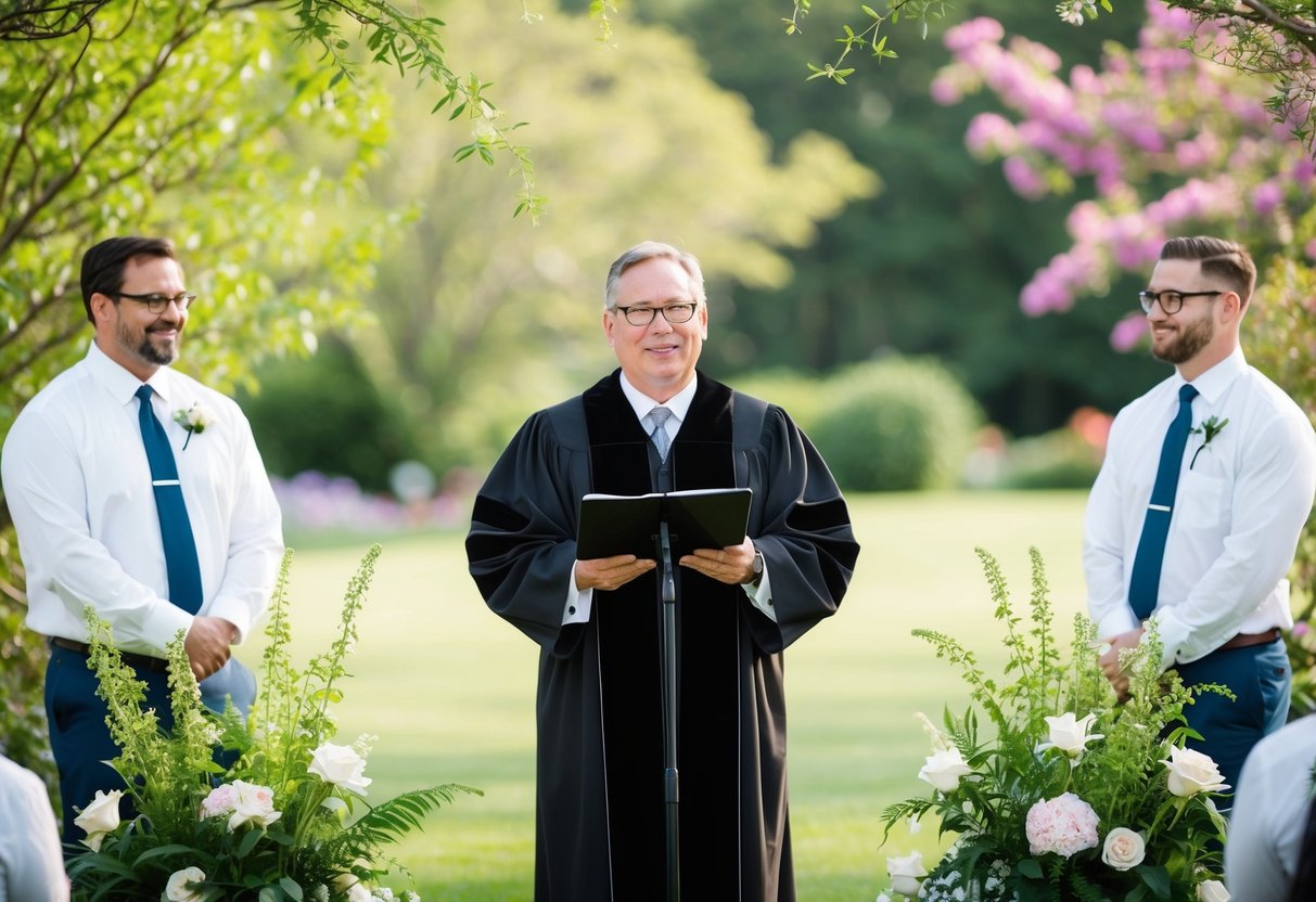 The officiant stands at the center of a serene outdoor setting, surrounded by lush greenery and blooming flowers. A gentle breeze rustles through the air as the officiant speaks, with a peaceful and joyful atmosphere pervading the scene