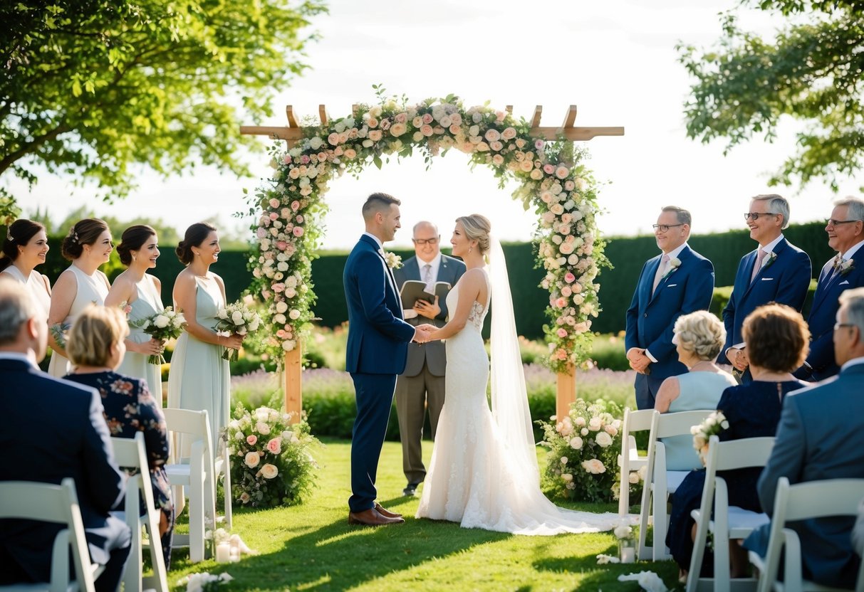 A couple stands beneath a floral arch in a sunlit garden, surrounded by family and friends, exchanging vows