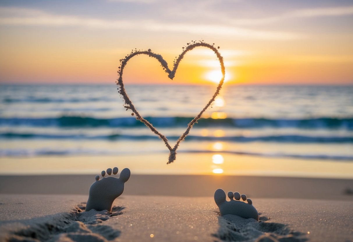 A serene beach at sunset, with two sets of footprints leading towards the ocean, framed by a heart drawn in the sand