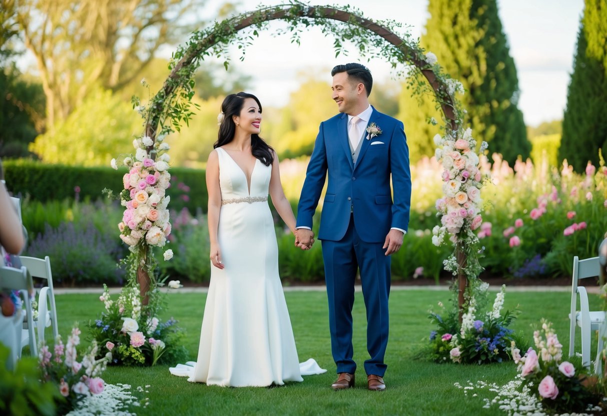 A couple stands in a garden surrounded by blooming flowers and a decorated archway, holding hands and smiling as they plan their vow renewal ceremony