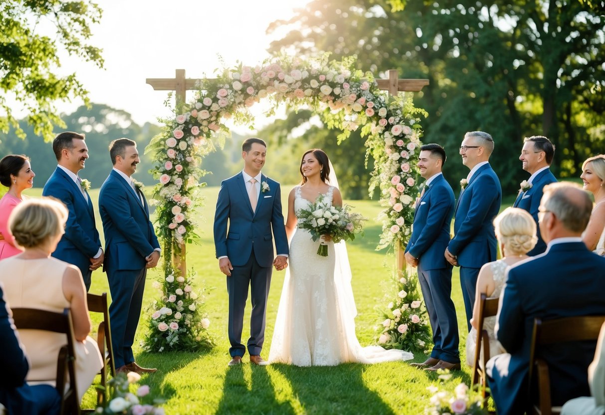 A couple stands beneath a floral arch at a renewal ceremony, surrounded by friends and family. The sun shines through the trees, casting a warm glow over the joyful scene