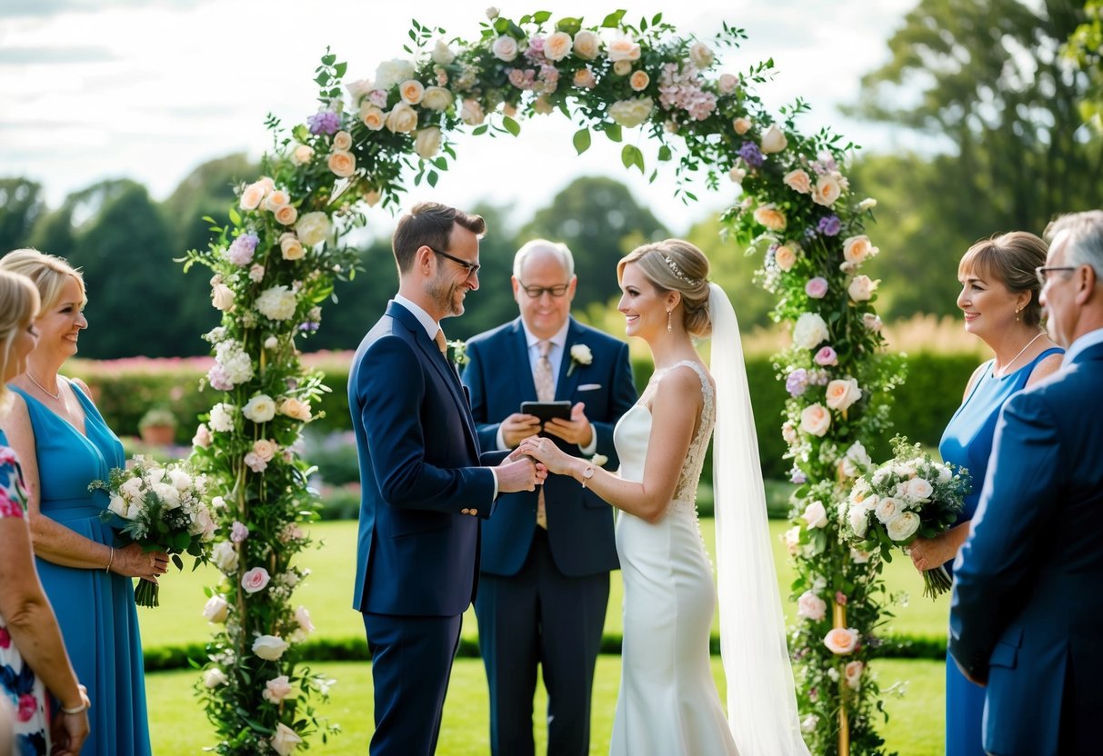 A couple standing under a floral archway in a garden, surrounded by friends and family, exchanging vows and rings