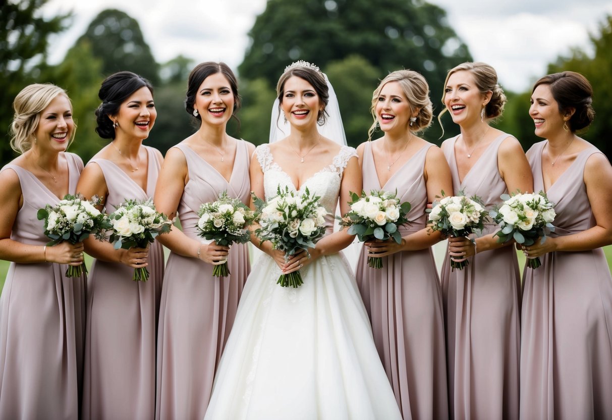 A bride stands with a group of bridesmaids, all wearing matching dresses, holding bouquets, and smiling in celebration