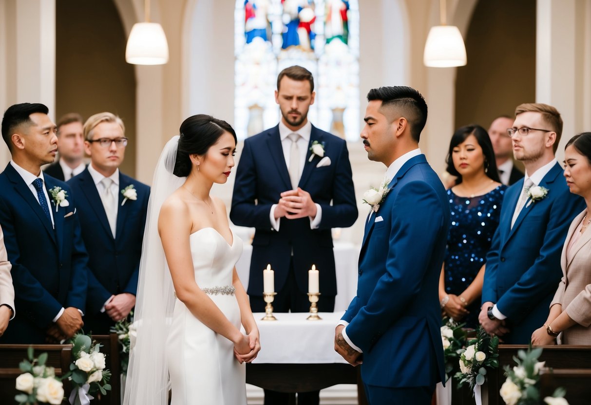 A couple standing at the altar, one looking disappointed as the other speaks, with guests exchanging awkward glances