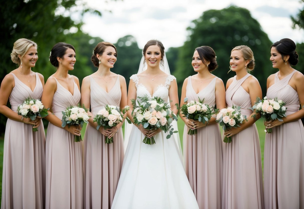 A bride stands in the center, surrounded by her bridesmaids in matching dresses, all holding bouquets
