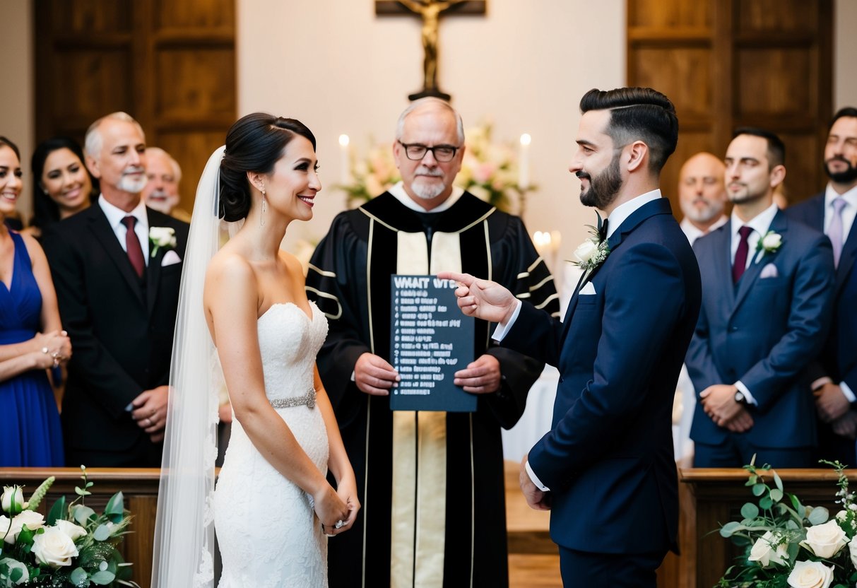 A bride and groom standing at an altar with thoughtful expressions, surrounded by friends and family. The officiant gestures towards a list of "what not to say in your vows" as the couple listens attentively