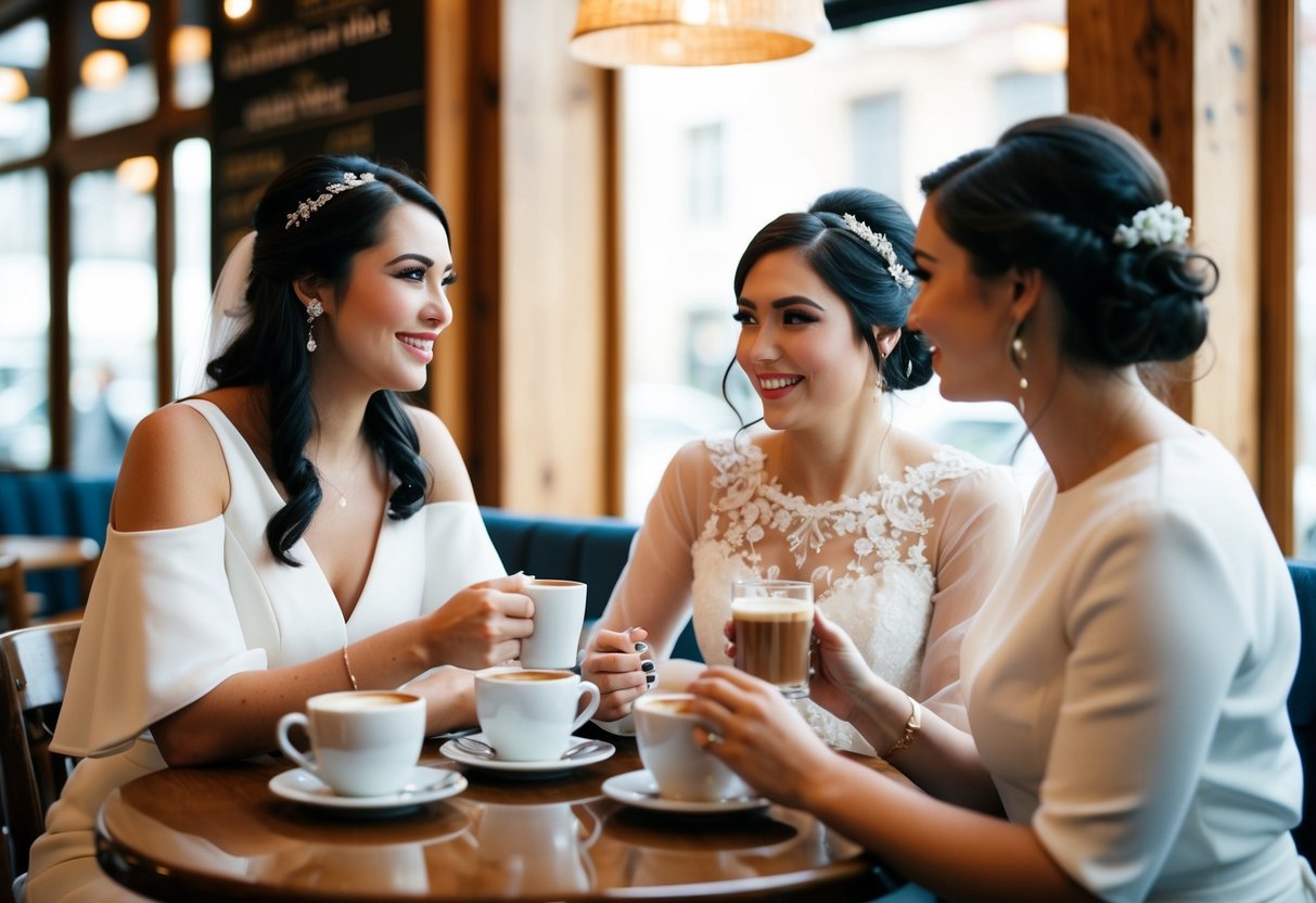 A bride and her bridesmaid discussing wedding plans over coffee at a cozy cafe