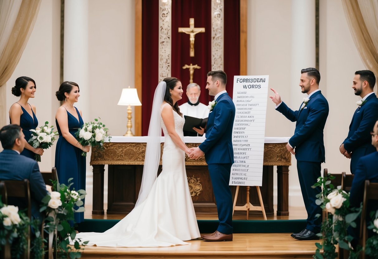 A couple standing at an altar, surrounded by symbols of love and commitment. The officiant gestures to a list of forbidden words