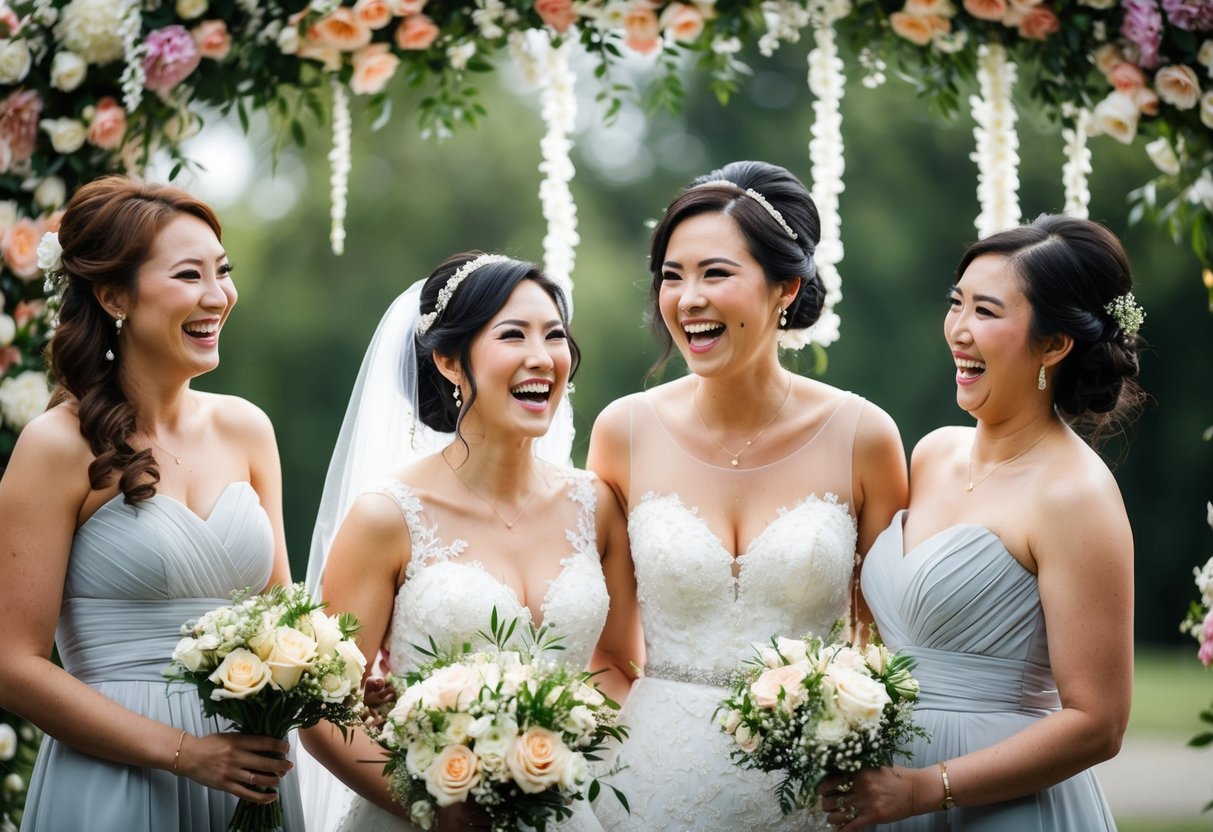 A bride and her bridesmaid standing together, surrounded by flowers and wedding decorations, with joyful expressions on their faces
