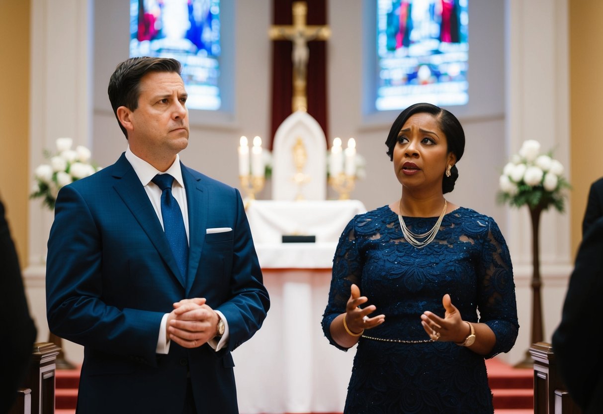 A couple standing at an altar, one looking concerned while the other speaks with a stern expression