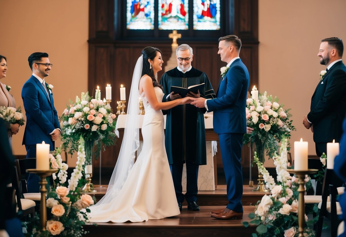 A couple standing at an altar with an officiant, surrounded by flowers and candles, exchanging vows