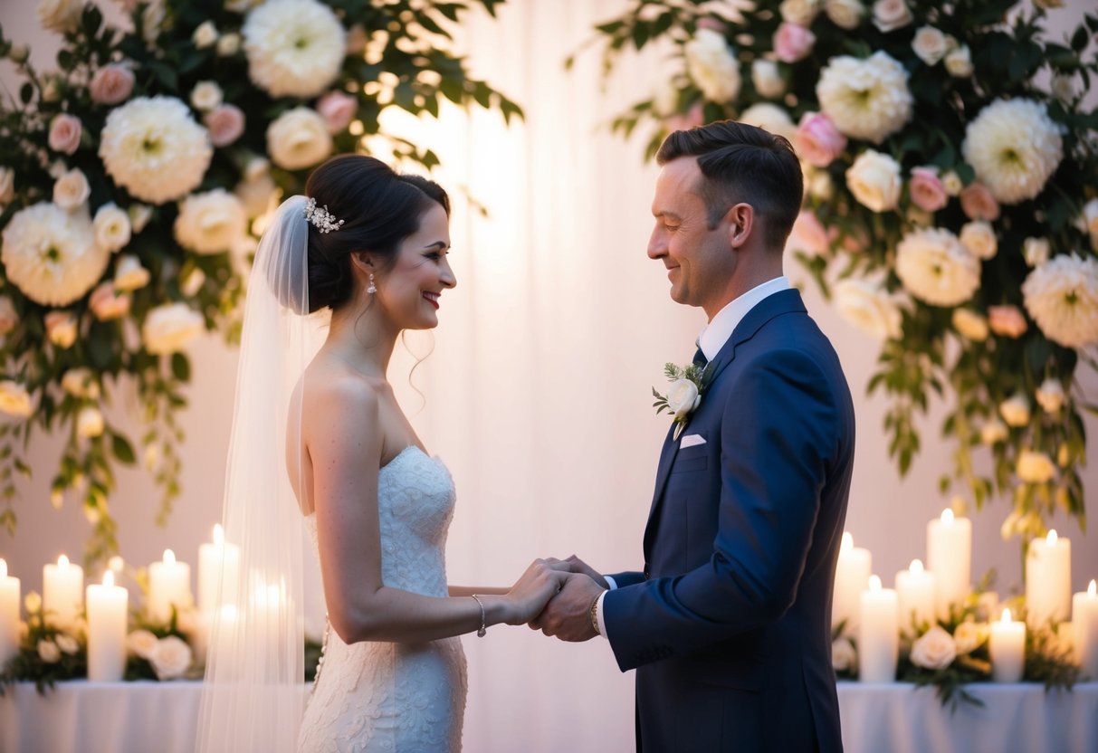 A couple stands facing each other, surrounded by blooming flowers and soft candlelight, as they exchange vows with heartfelt emotion but without shedding a single tear