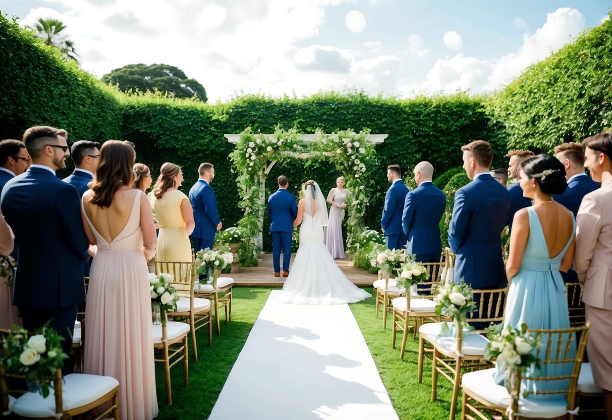 A lush garden wedding with guests in formal attire, a bride and groom at the altar, and a gown-clad attendee