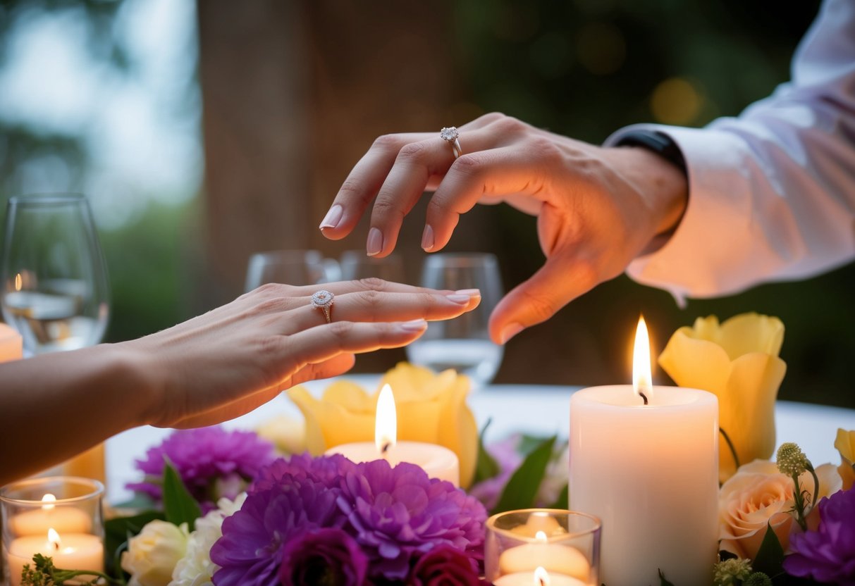 Two hands reaching out to exchange rings, surrounded by flowers and candles on a beautifully decorated table