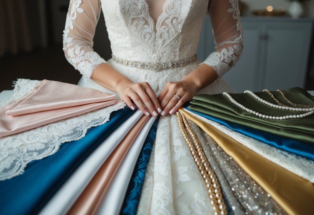 A bride holding a selection of fabrics and accessories, including lace, beads, and silk, while considering the right materials for her wedding gown