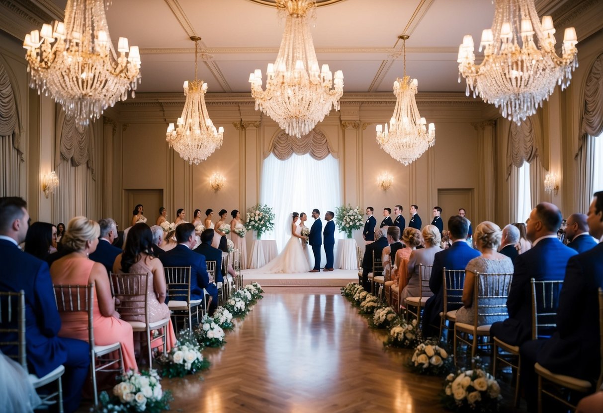 A grand ballroom with elegant décor and chandeliers, set up for a wedding ceremony with guests dressed in formal attire