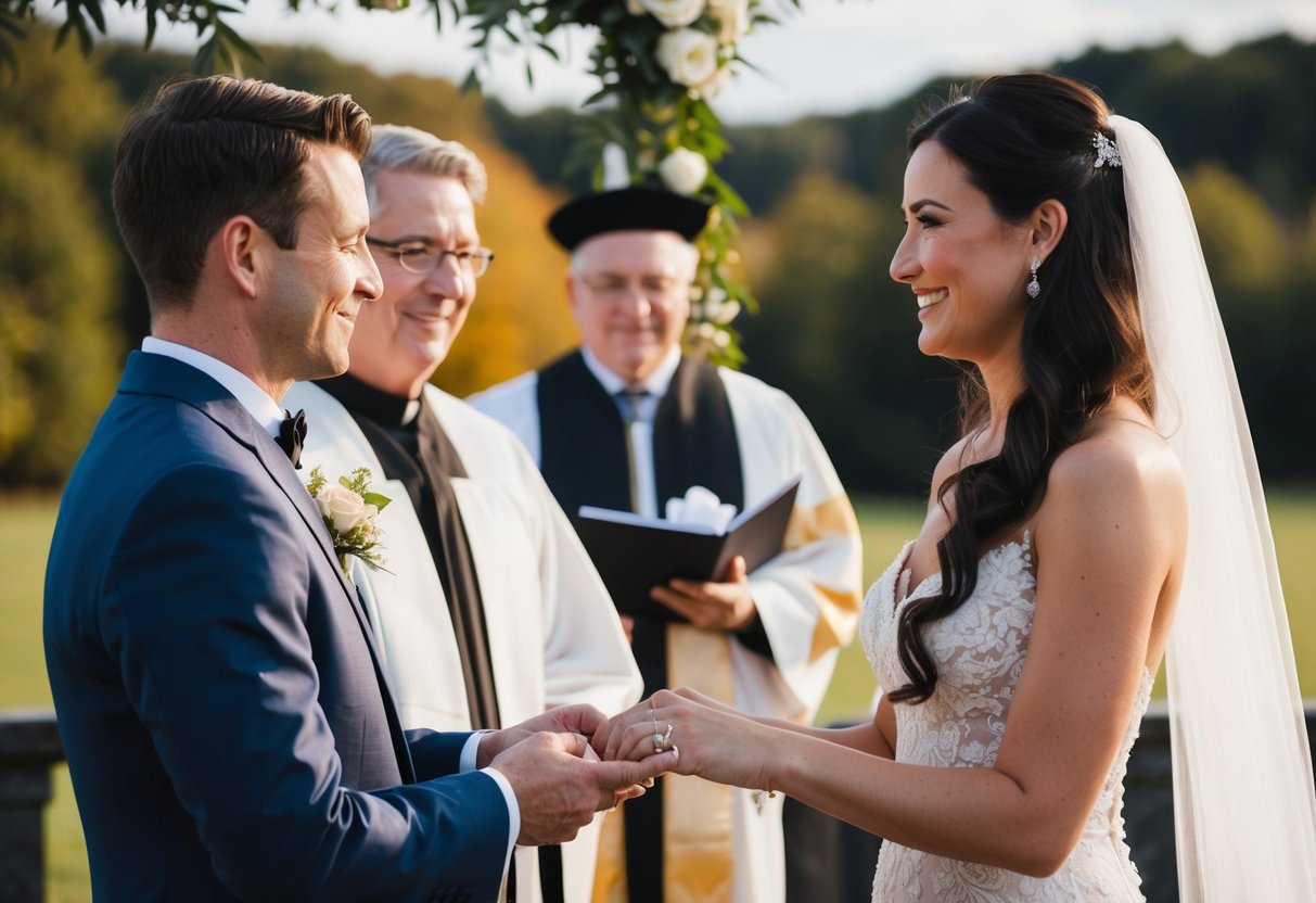 A couple exchanging vows in front of an officiant, followed by the exchange of rings