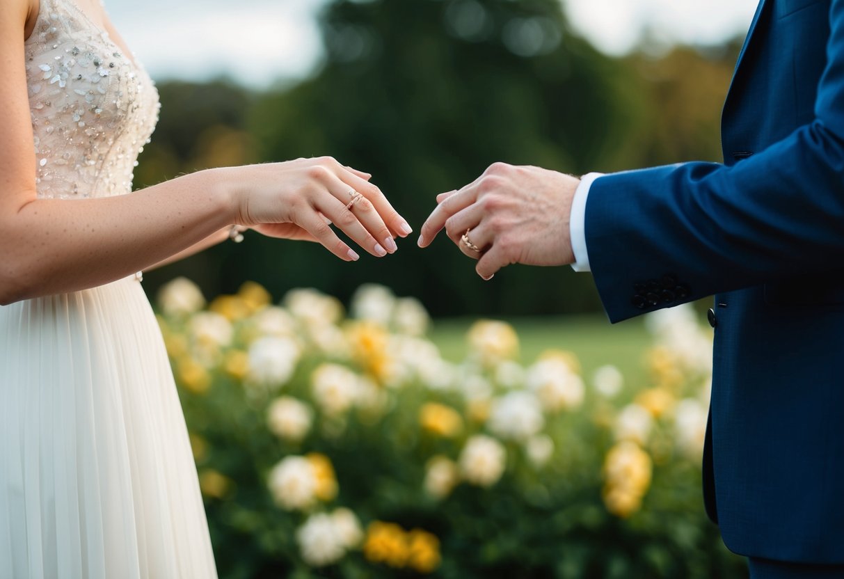 A couple stands facing each other, holding out rings. They exchange the rings, symbolizing their commitment and love