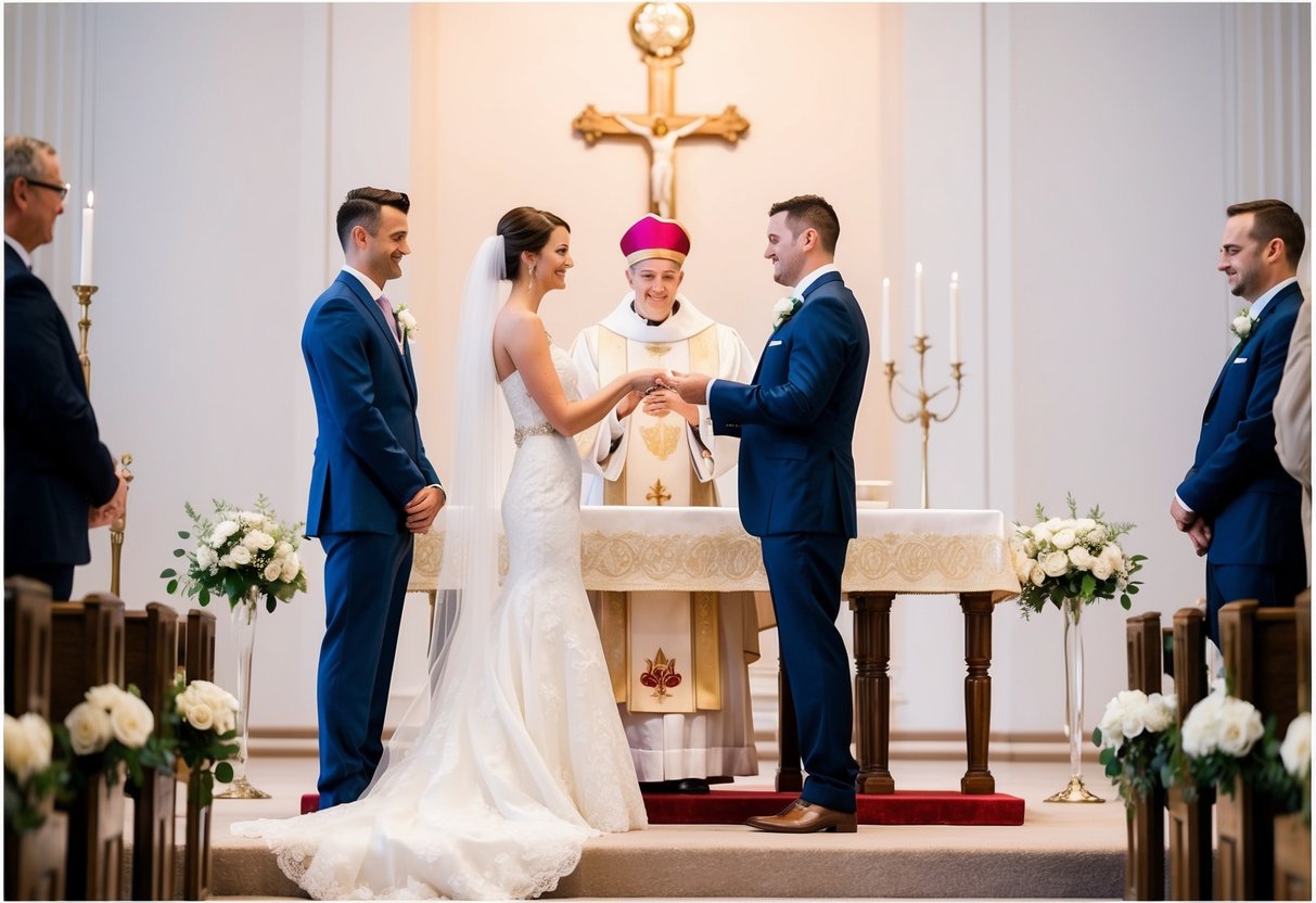 A bride and groom standing at the altar, exchanging vows with a priest officiating