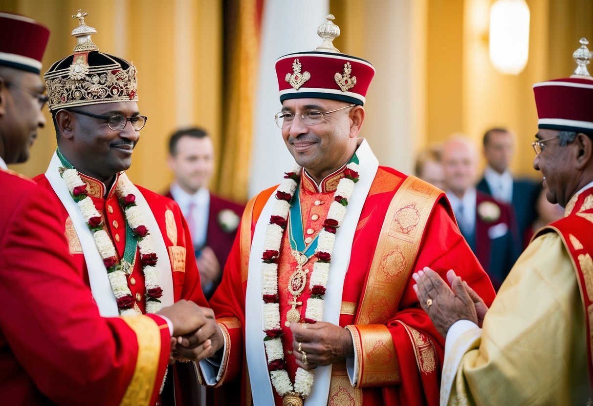 A royal wedding ceremony with traditional elements and symbolic gestures