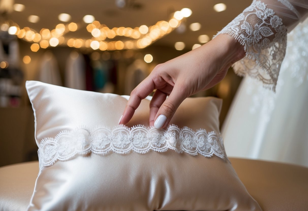 A hand reaches for a delicate lace garter displayed on a satin pillow in a bridal boutique