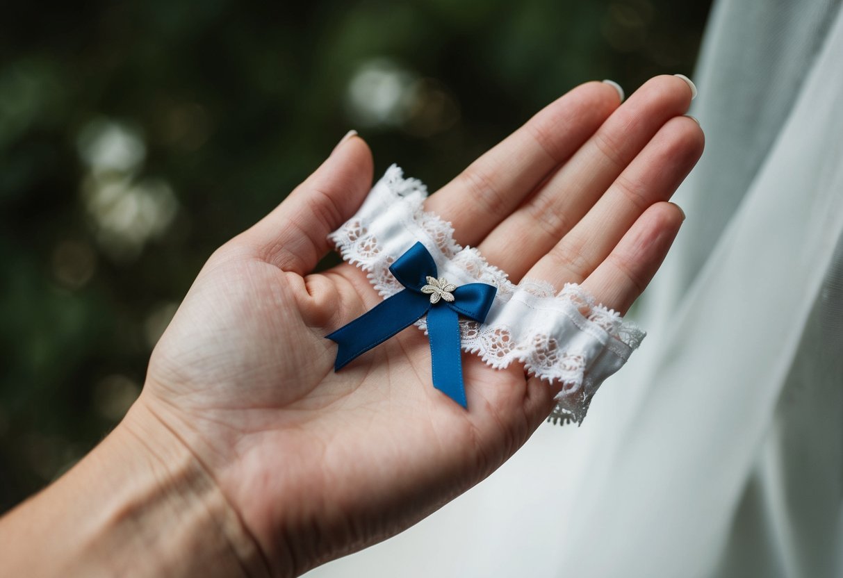 A hand holding a delicate garter with intricate lace and a small blue ribbon, symbolizing tradition and significance