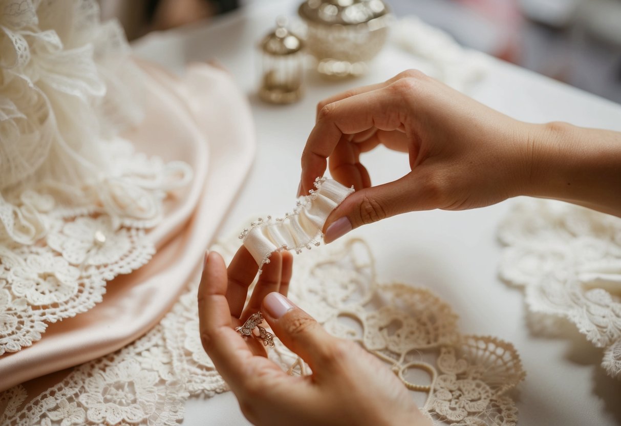 A hand reaches for a delicate garter in a boutique, surrounded by lace and silk fabric