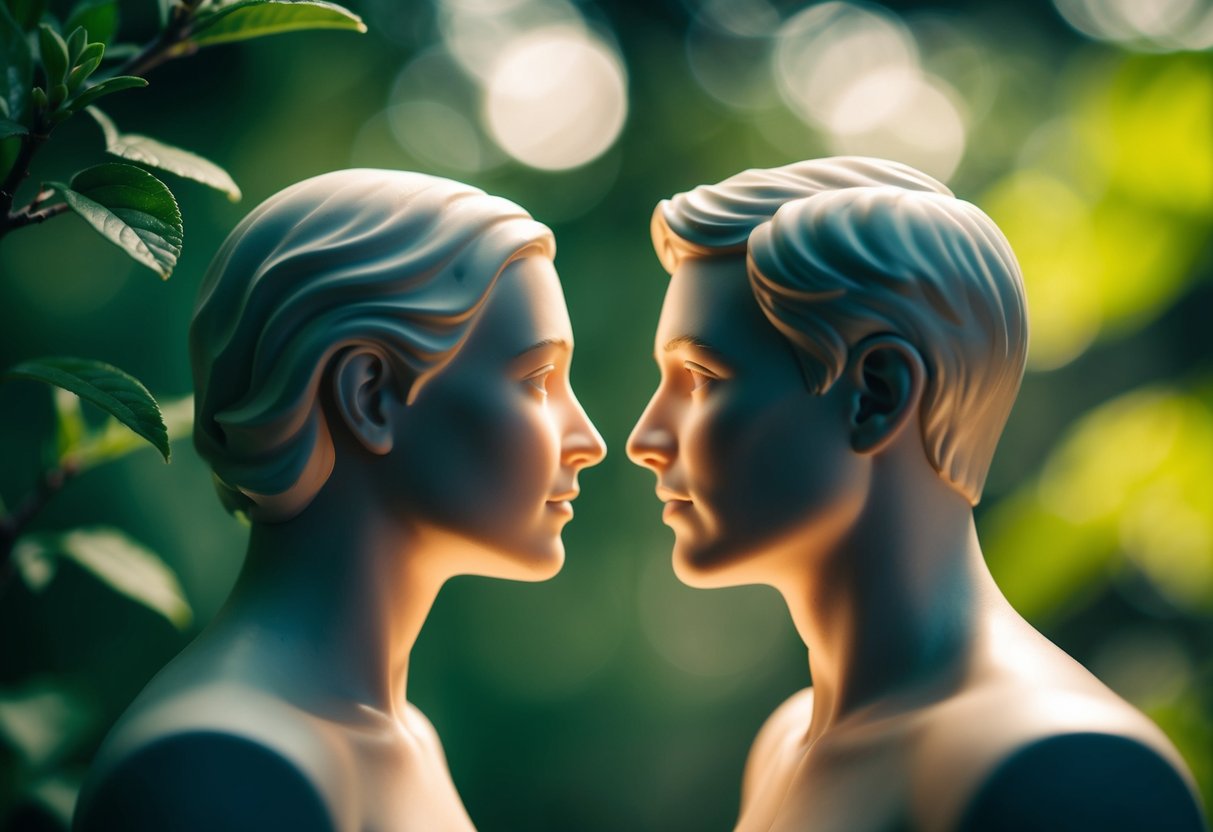 Two figures facing each other, surrounded by nature, with a sense of intimacy and connection
