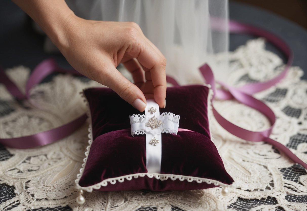 A hand delicately places a garter on a velvet cushion, surrounded by lace and ribbons