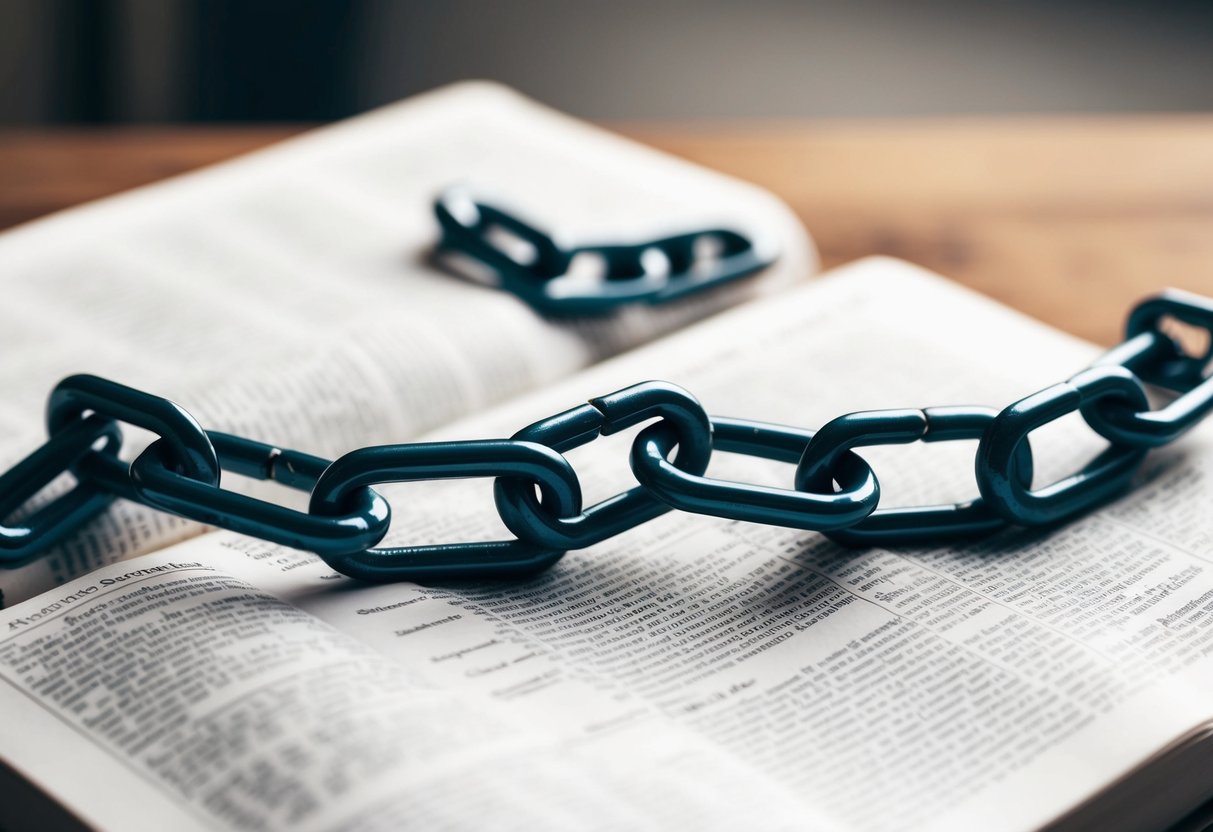 A broken chain lying on an open Bible, symbolizing the concept of breaking a vow in a relationship according to biblical teachings