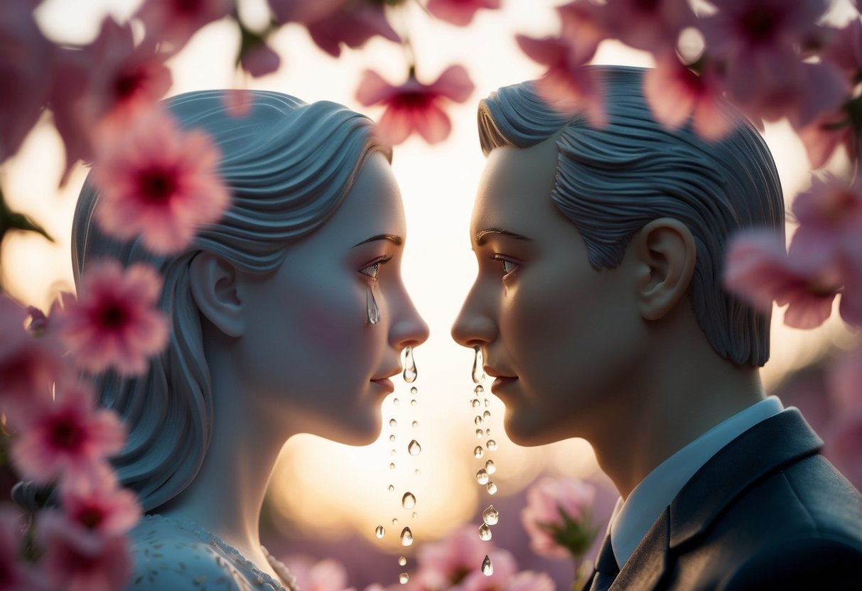 Tears flow as two figures face each other, surrounded by flowers and soft light