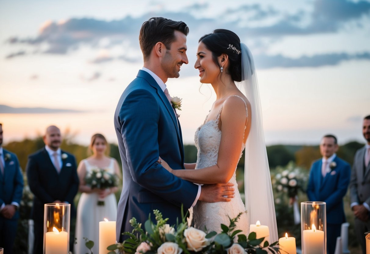 A couple standing face to face, surrounded by flowers and candles, exchanging emotional wedding vows