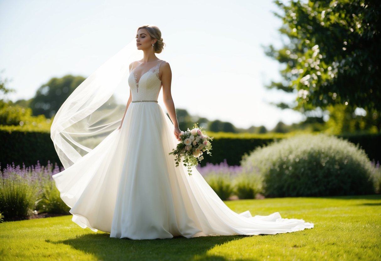 A bride stands in a sunlit garden, wearing a flowing white gown with a delicate veil trailing behind her. She holds a bouquet of flowers and gazes off into the distance