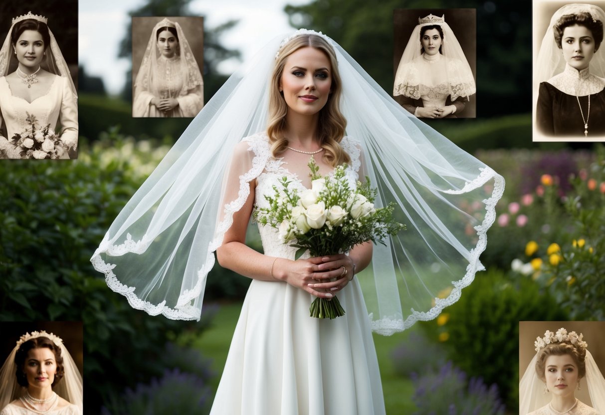 A bride standing in a garden, wearing a flowing veil with delicate lace details, surrounded by historical images of women in veils