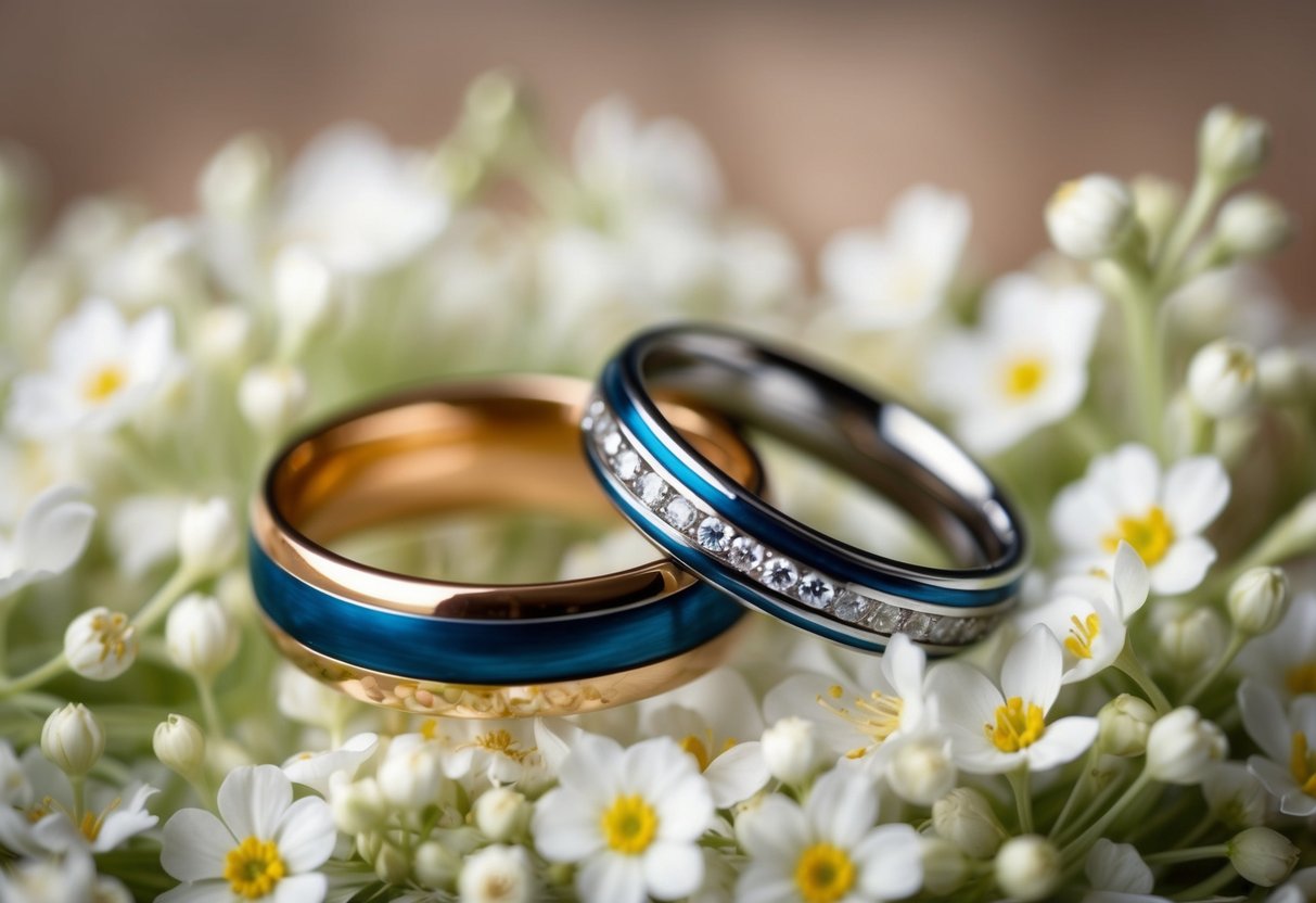 A couple of intertwined wedding rings resting on a bed of delicate white flowers