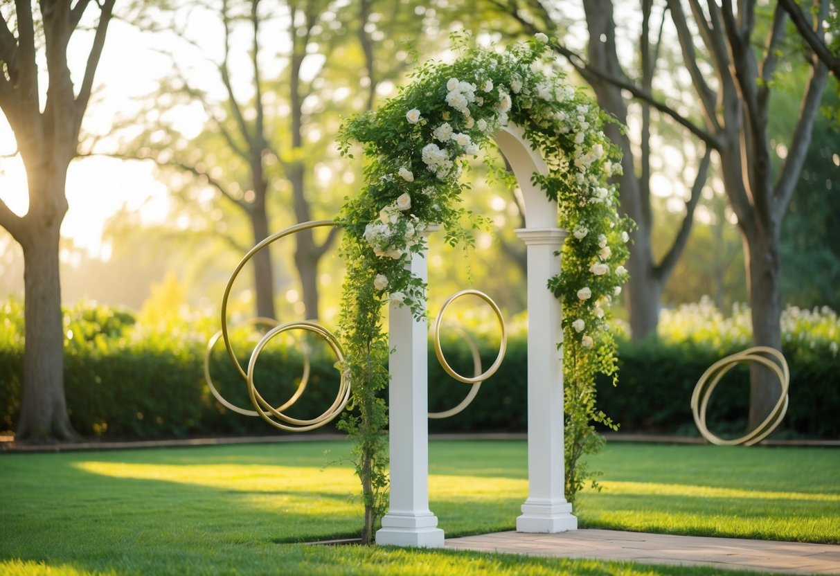 A serene garden with a blooming archway, two intertwined rings, and a soft, golden light filtering through the trees