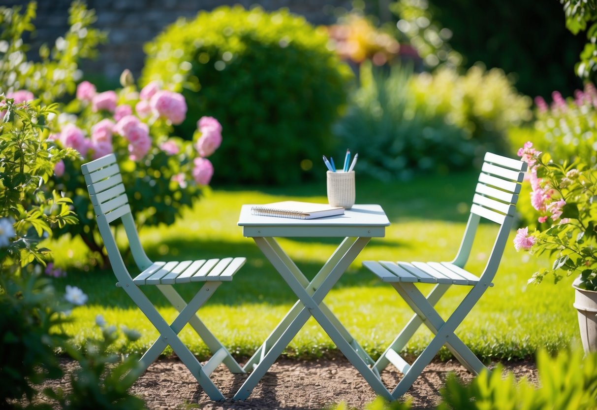 A serene, sunlit garden with a small table and two chairs, surrounded by blooming flowers and greenery. A notebook and pen sit on the table, waiting to capture heartfelt words