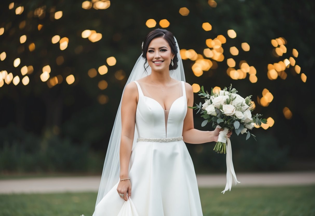 A bride stands in a modern wedding gown, no veil in sight. She holds a bouquet and smiles