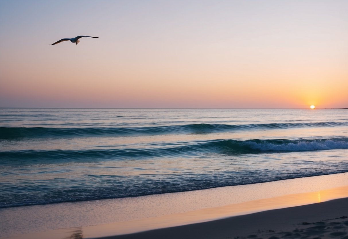 A serene beach at sunset, with waves gently lapping the shore and a lone seagull flying overhead