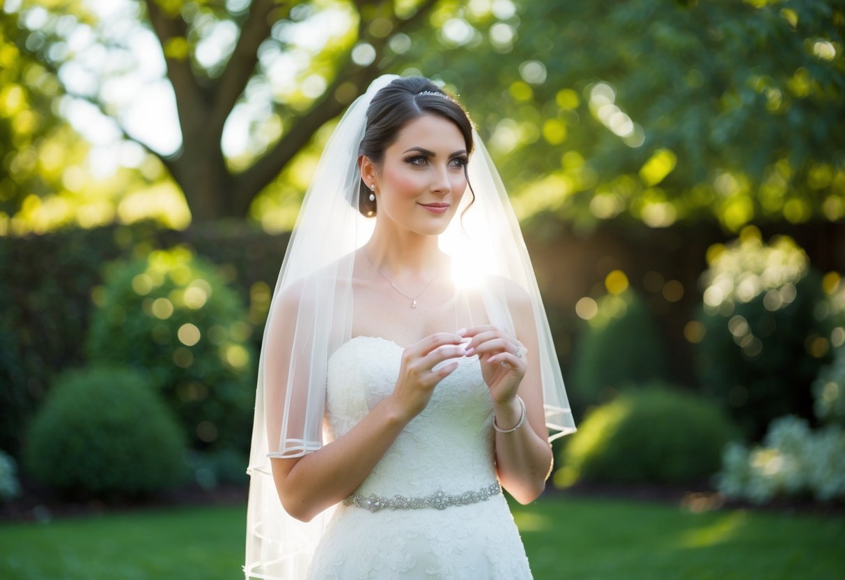 A bride stands in a garden, sunlight streaming through the trees. She holds a delicate veil in her hands, contemplating whether to wear it