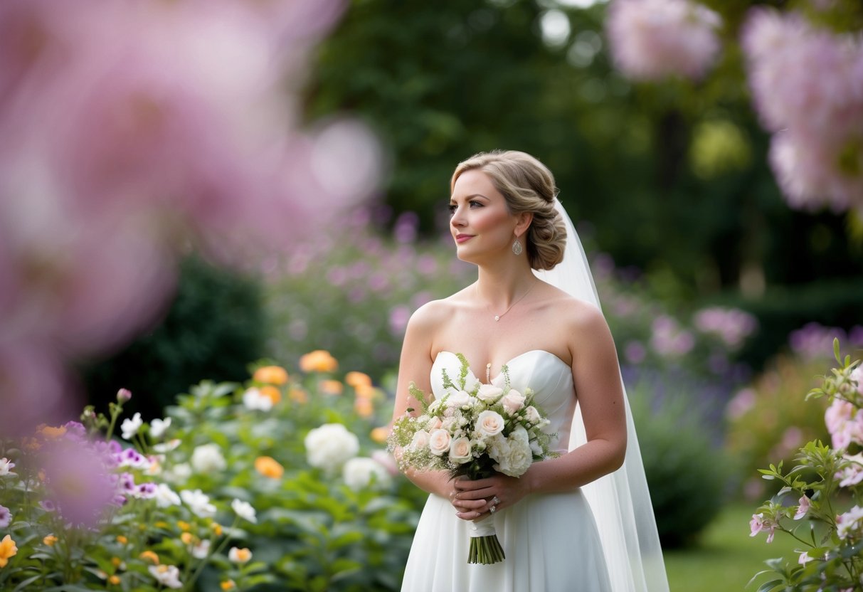 A bride standing in a peaceful garden, surrounded by blooming flowers and a gentle breeze, with a serene expression as she contemplates her wedding vows
