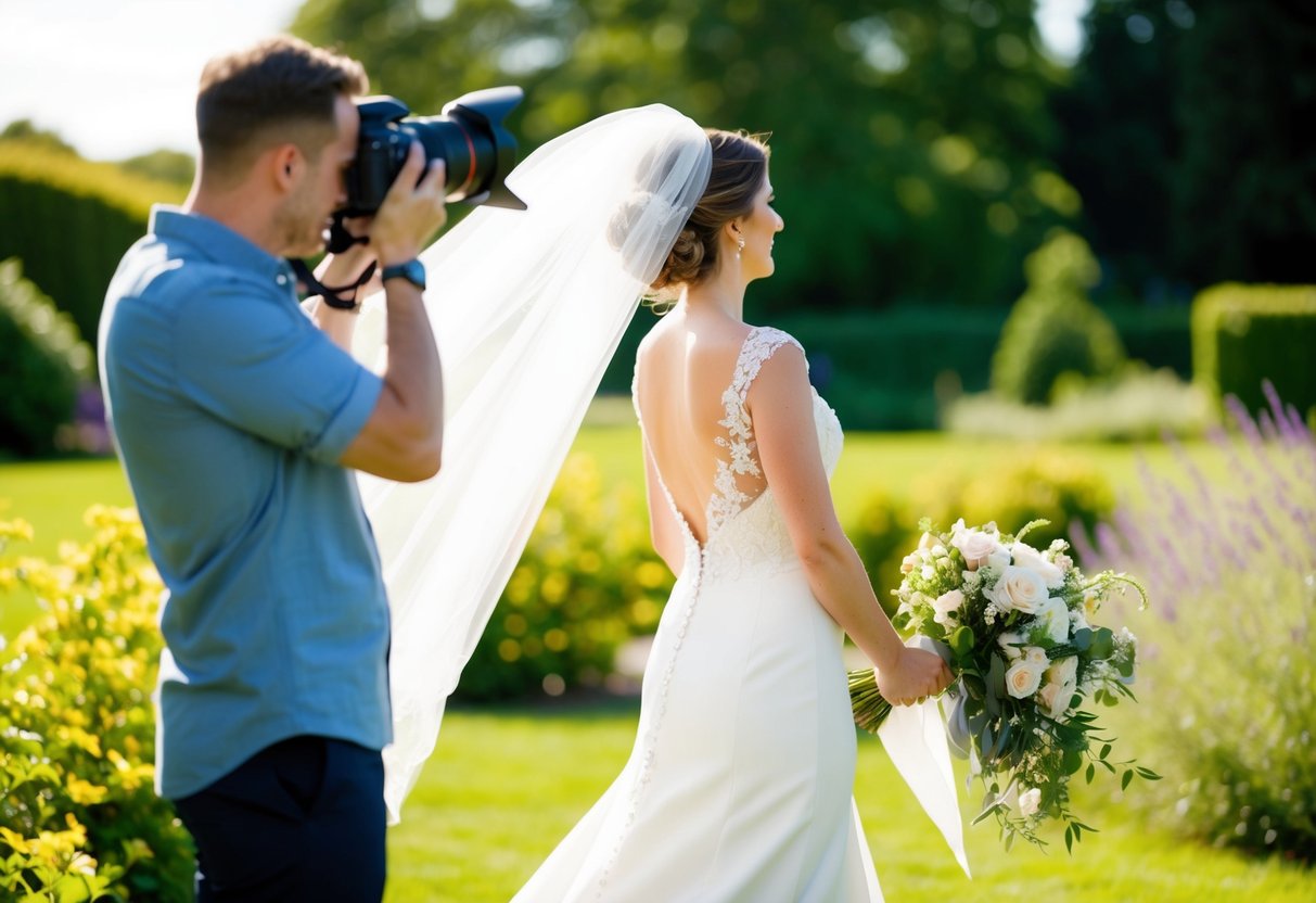 A bride stands in a sunlit garden, her veil billowing in the breeze as a photographer captures the moment