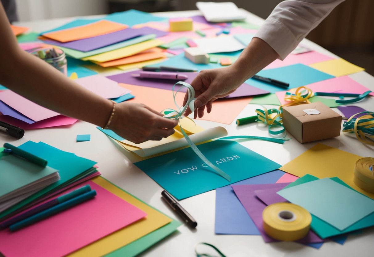 A table scattered with colorful paper, pens, and crafting supplies. A hand reaches for a ribbon while arranging vow cards