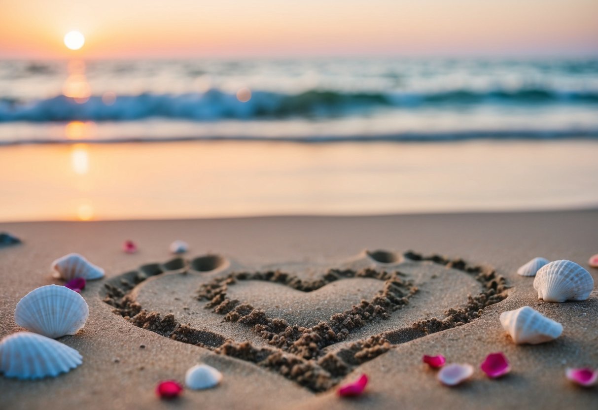 A serene beach at sunset, with two sets of footprints in the sand leading to a heart drawn in the shore, surrounded by delicate seashells and a scattering of rose petals