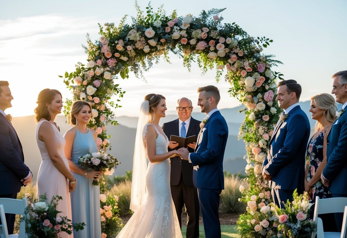 A couple standing under a floral archway, surrounded by friends and family, exchanging vows with a scenic backdrop of mountains and a setting sun