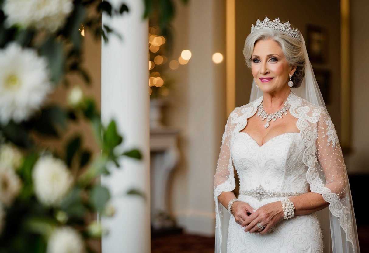 A regal mother of the bride traditionally wears a floor-length gown with elegant lace or beading, paired with a matching shawl or bolero